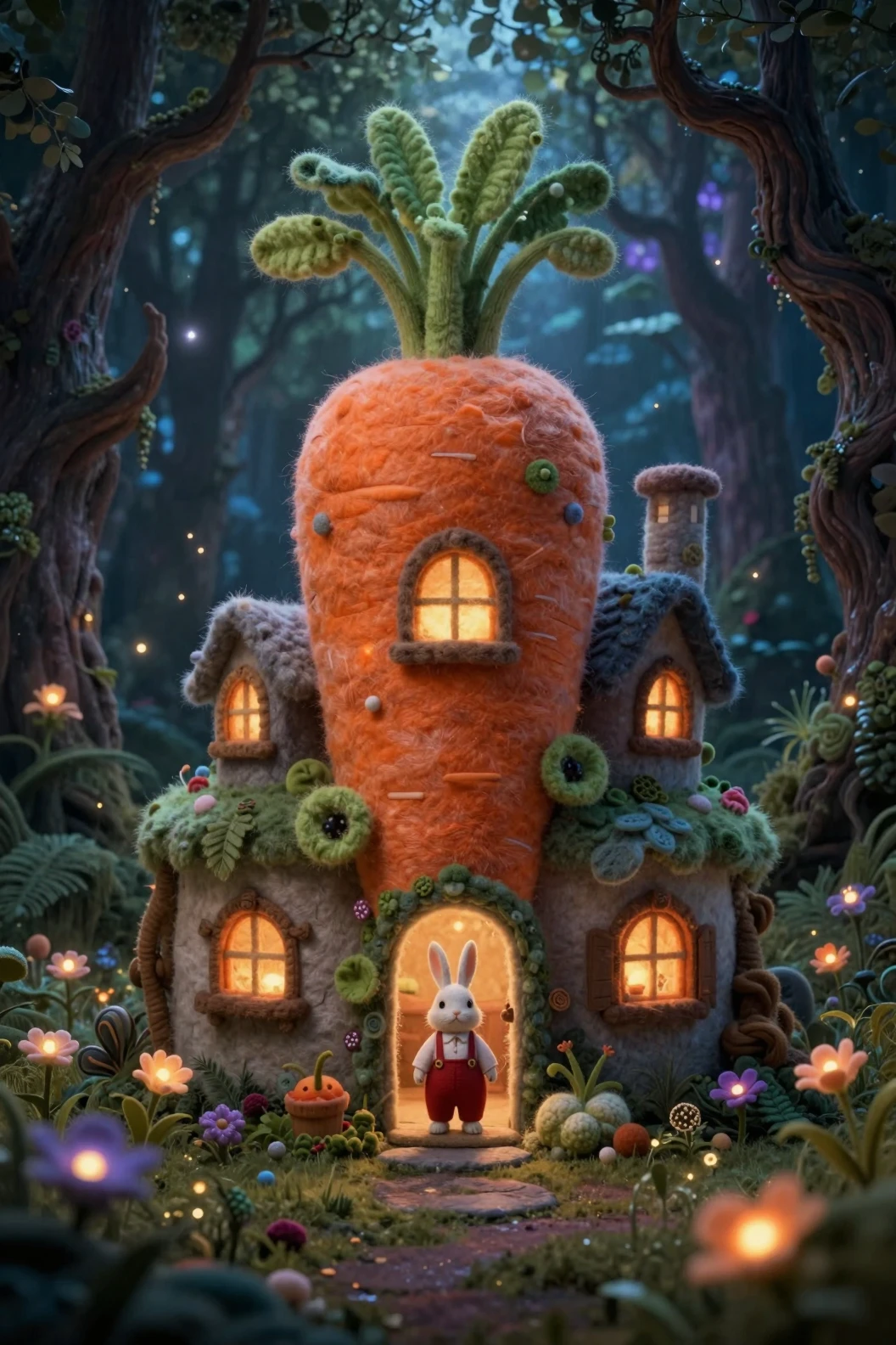 Casa de zanahoria fantasiosa en un bosque encantado al crepúsculo