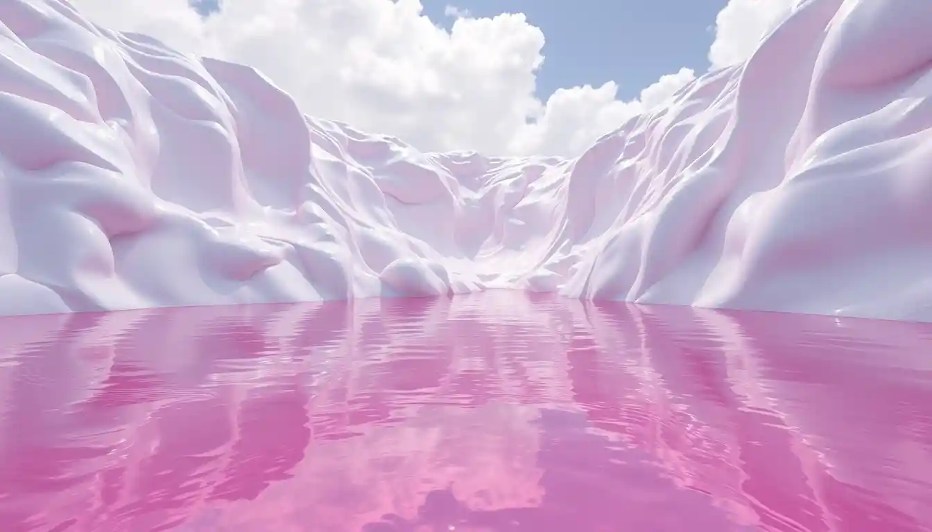 Surreal latex landscape with pink water and abstract shapes
