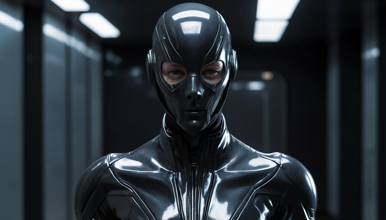 Futuristic Latex Agent In Glossy Biomorphic Stealth Suit
