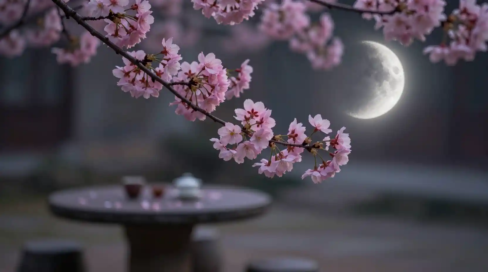 Cherry Blossom Branch Against A Crescent Moon At Night