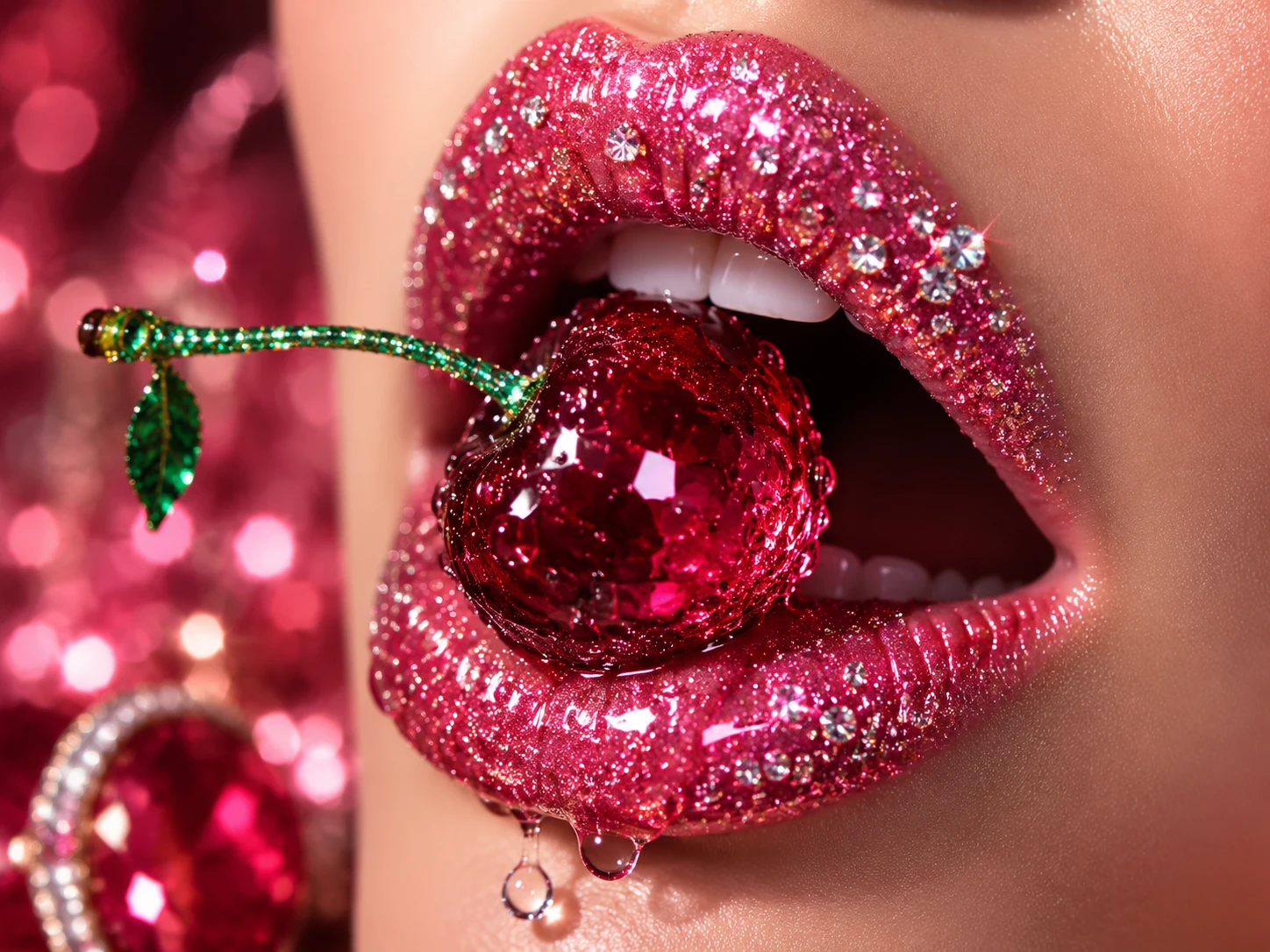 Nasse Kirsche zwischen glitzernden rubinroten Lippen aus nächster Nähe