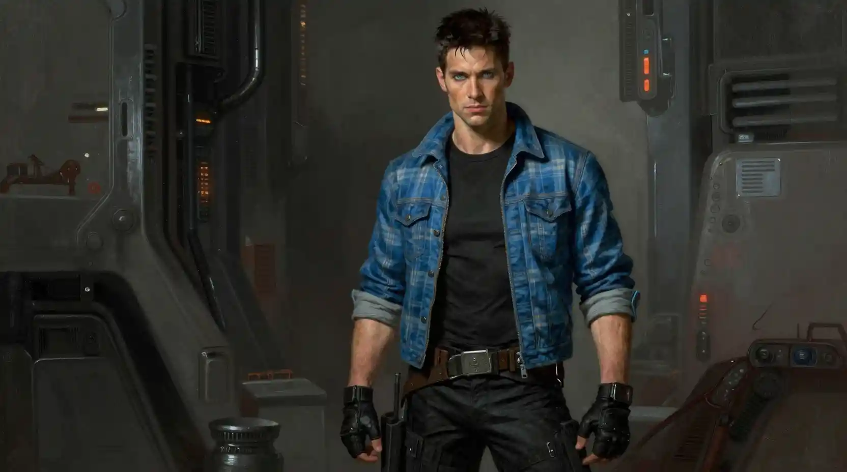 Young space hero in a blue jacket in futuristic city