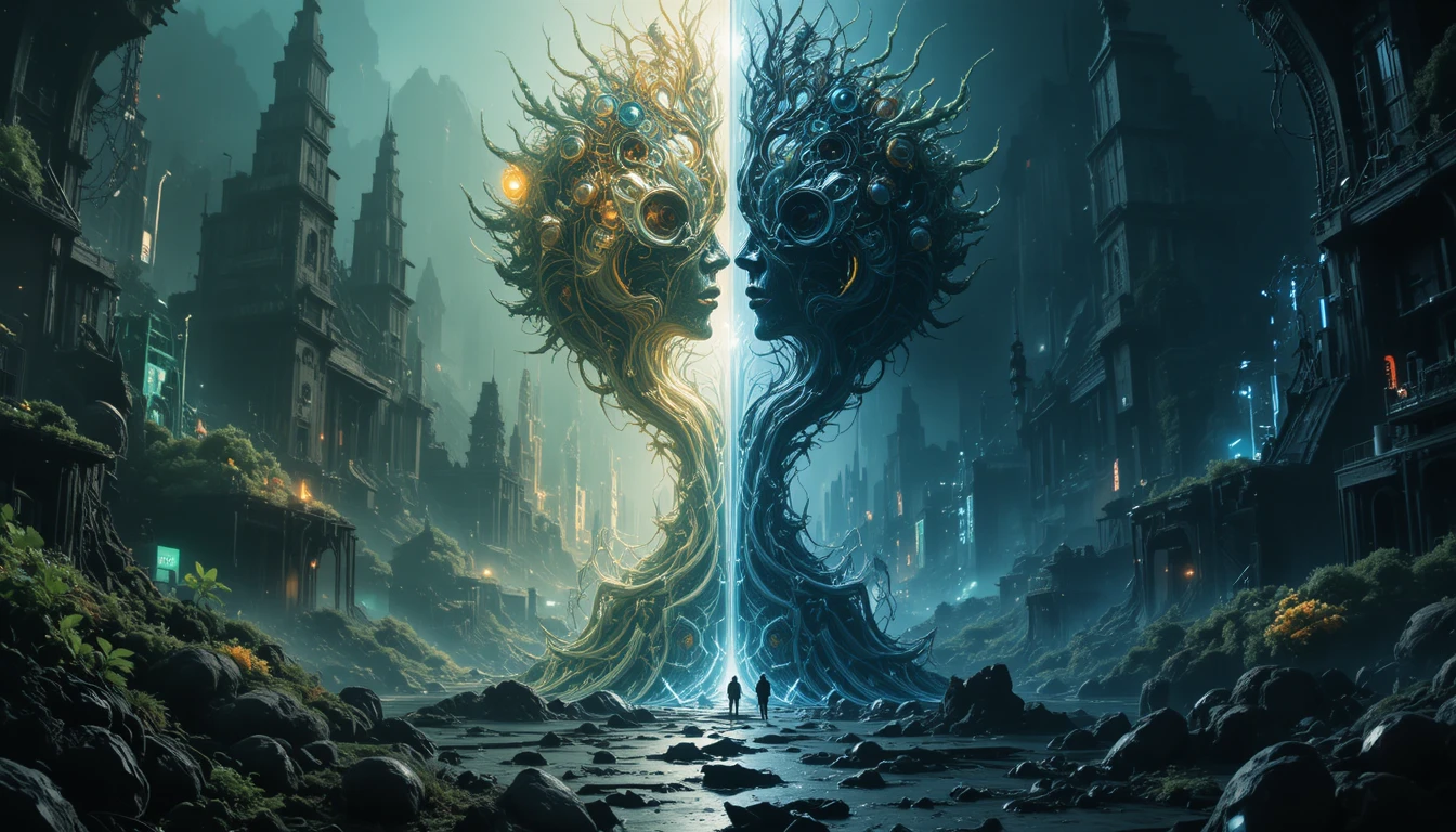 Split cosmic world of organic light and dark machines