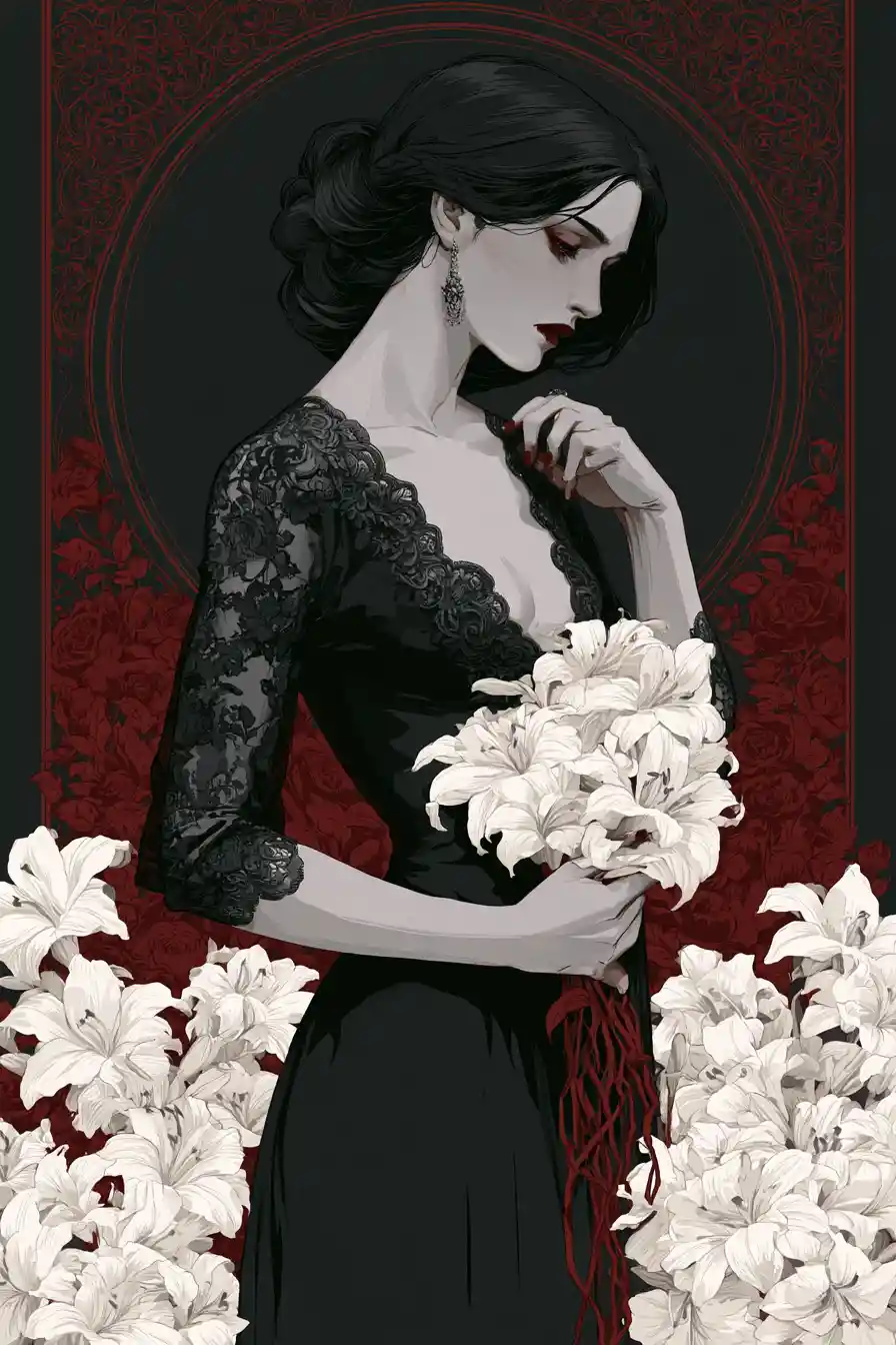 Field of lilies in a dark gothic dreamlike landscape