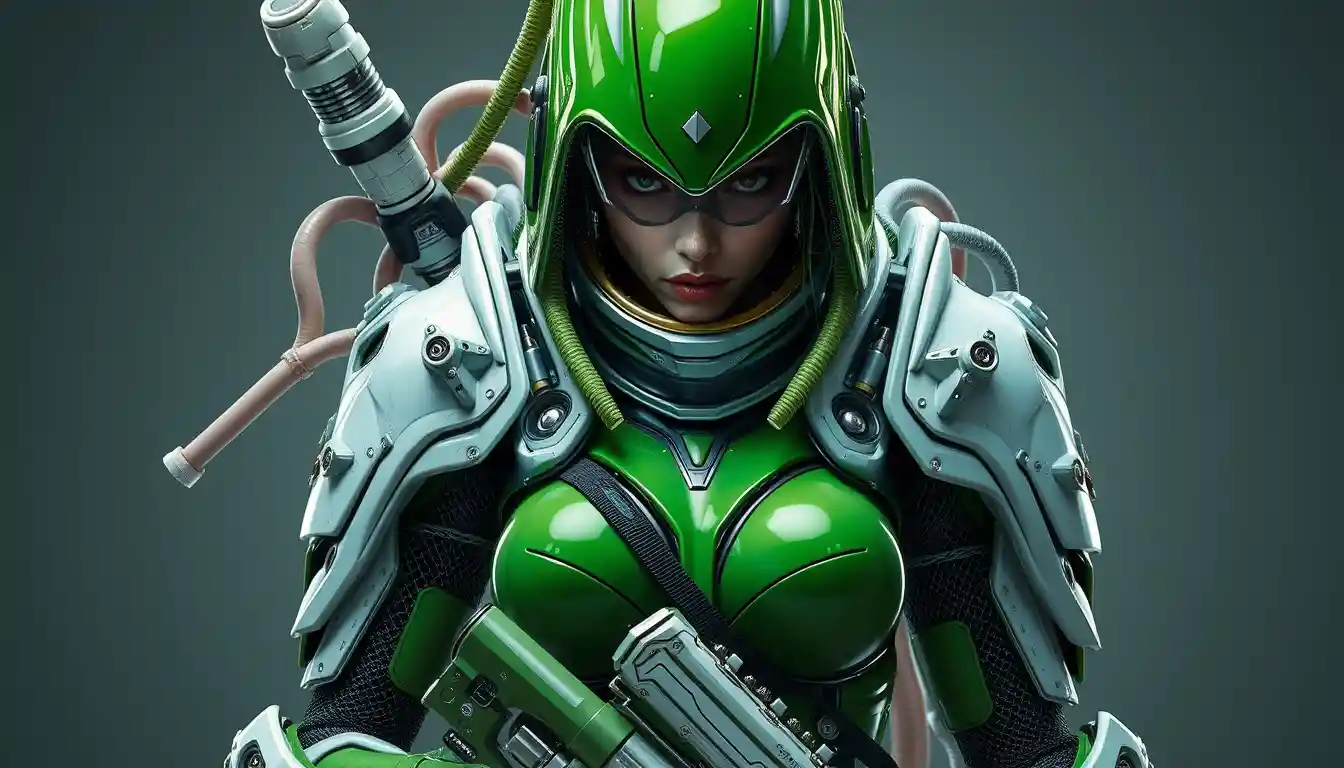 Futuristic green latex soldier with organic sci fi armor