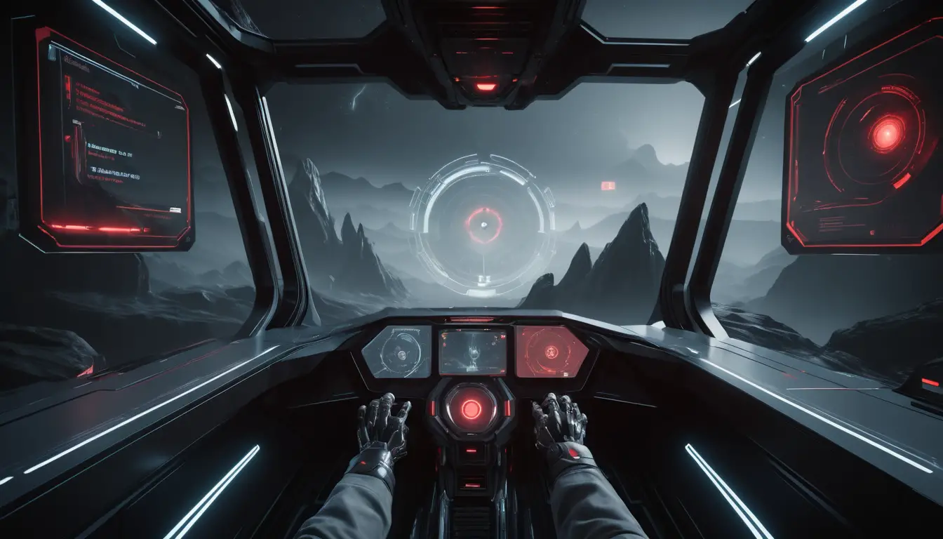 Sci‑Fi‑HUD aus der Ego-Perspektive mit transparenter holografischer Oberfläche