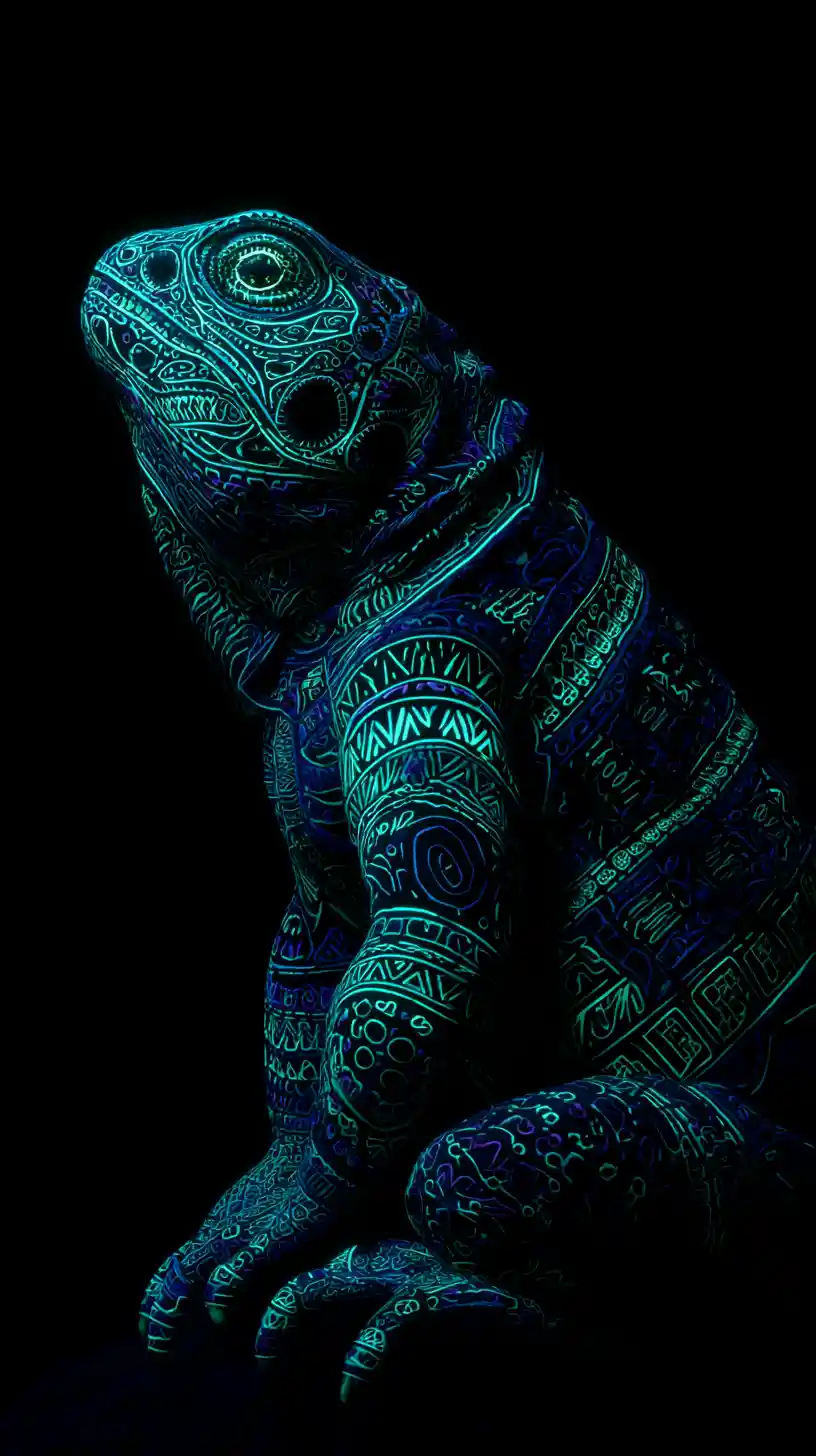 Biolumineszierende Kreatur mit leuchtenden, filigranen Tribal-Mustern
