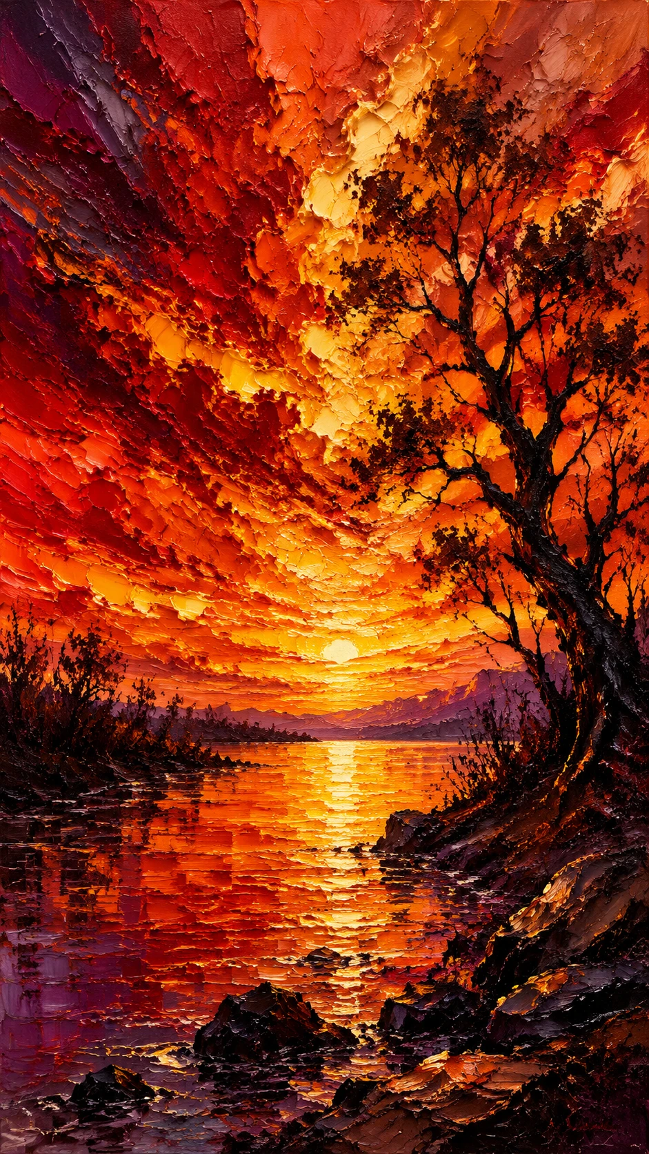 Cielo de atardecer en impasto sobre un paisaje ribereño ardiente