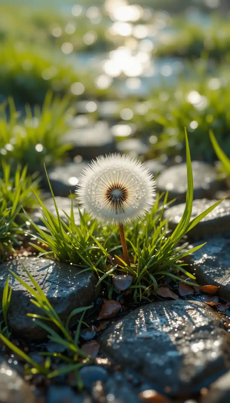 Dandelion Among Wet Stones In Sunny Macro Acrylic Scene