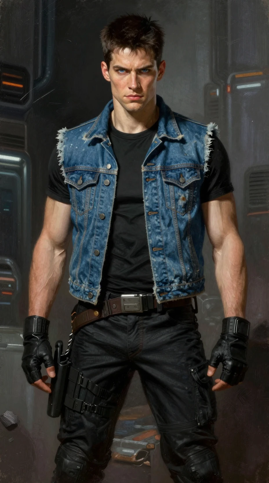 Young space hero in denim vest in futuristic city
