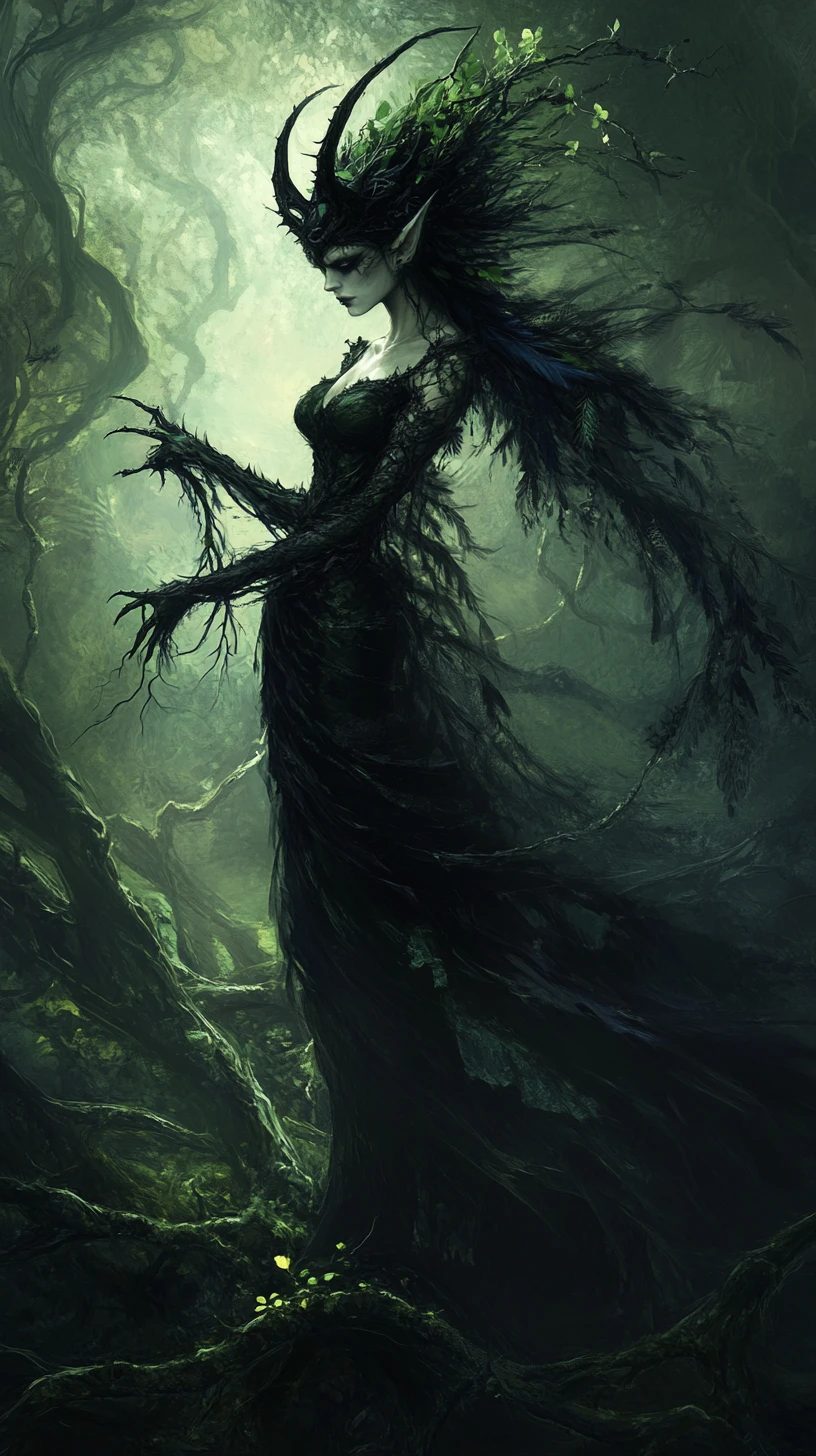 Dark fairy queen in thorns within a shadowy forest
