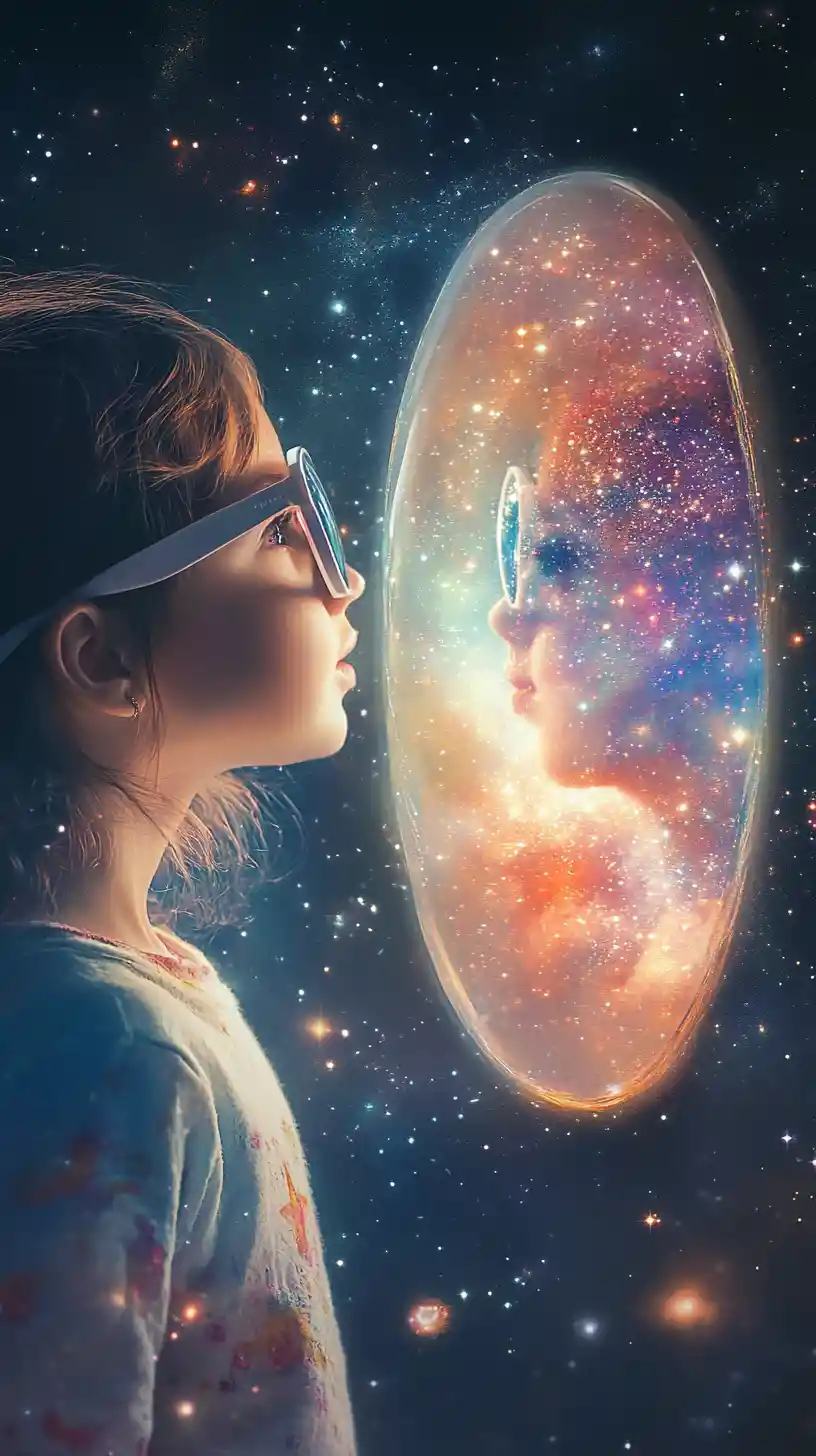 Child gazing into a cosmic mirror bubble with stars
