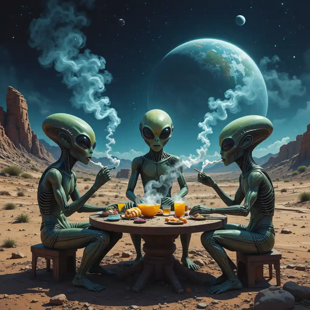 Aliens partying on a sci fi planet under open space