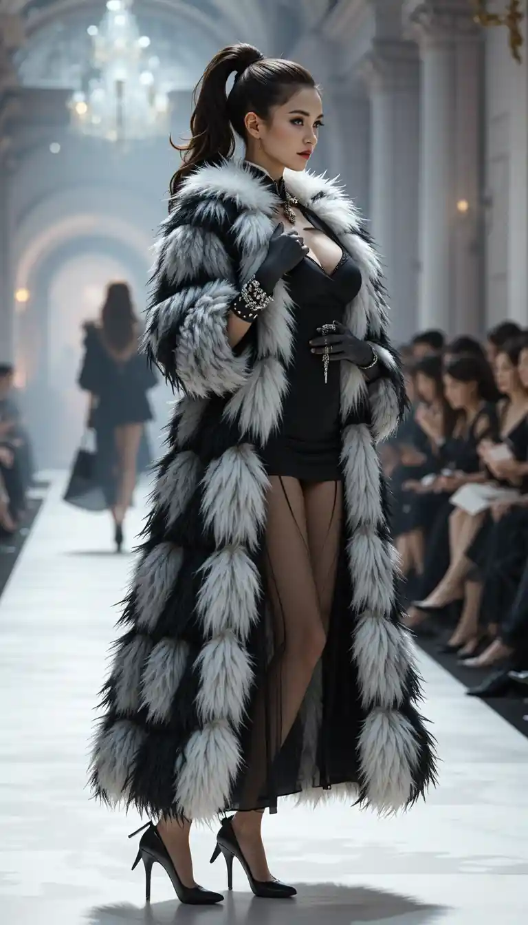 Side view of woman on fashion runway in dramatic light