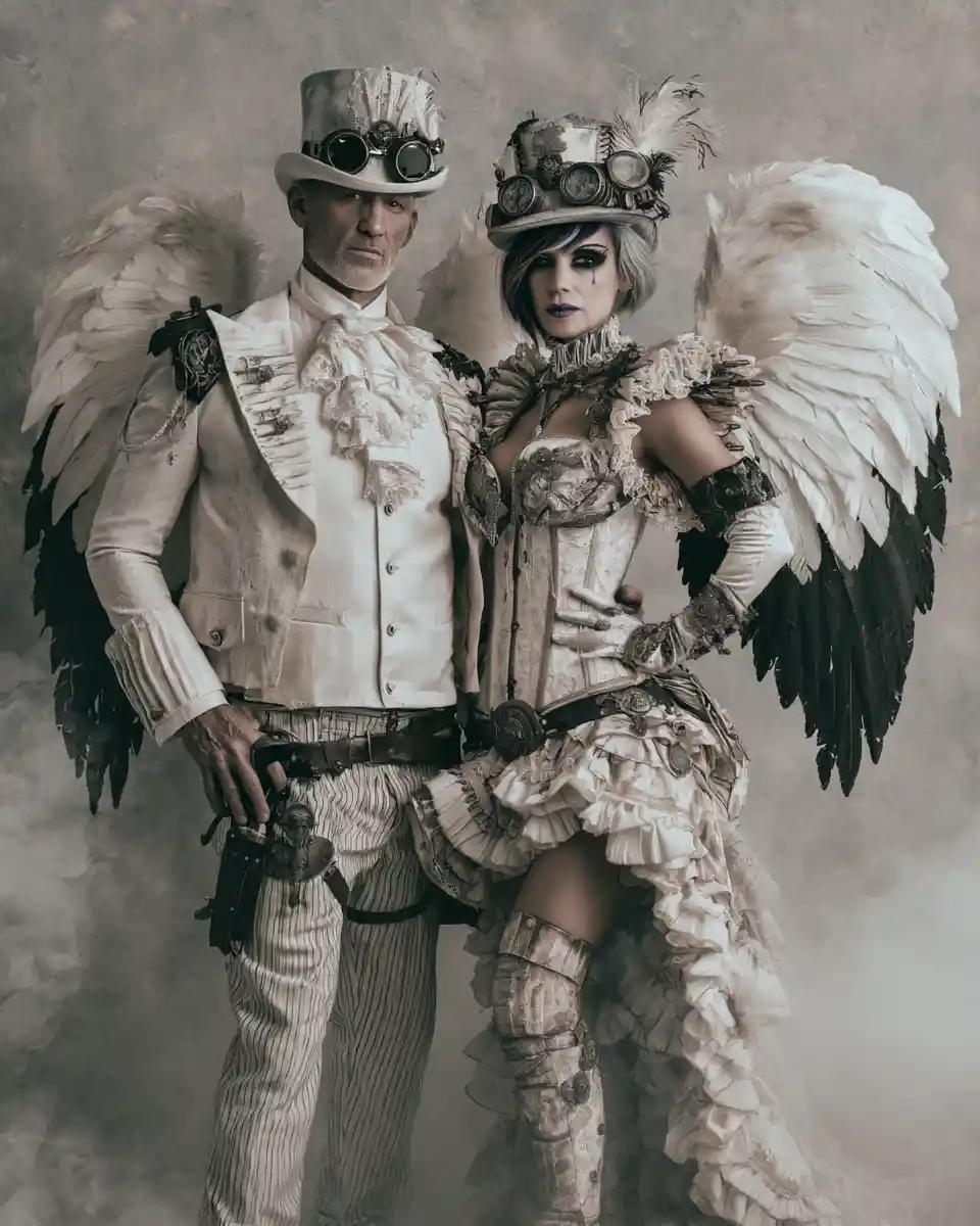 Older steampunk couple with angel wings in winter fog