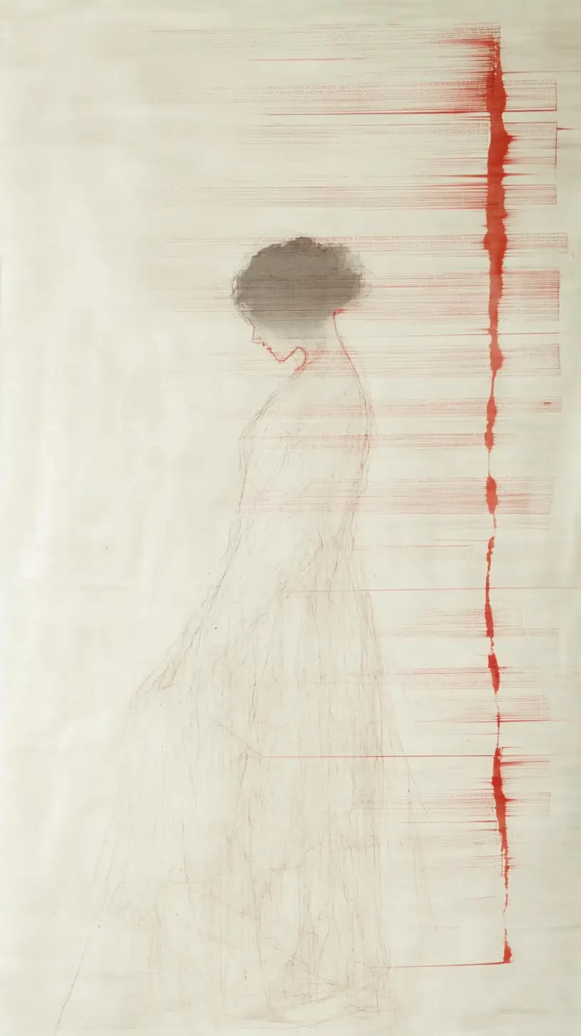 Minimal figure dissolving into soft ink and empty space