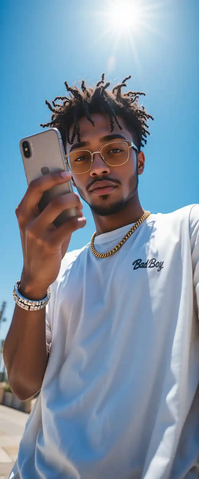 Stylish man with smartphone in bright y2k outdoor scene