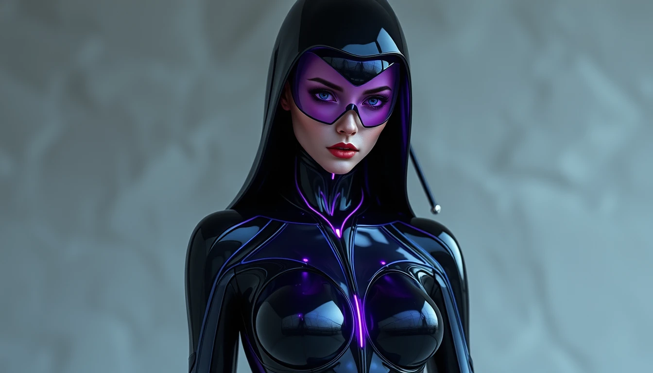 Futuristic female agent in living latex stealth suit