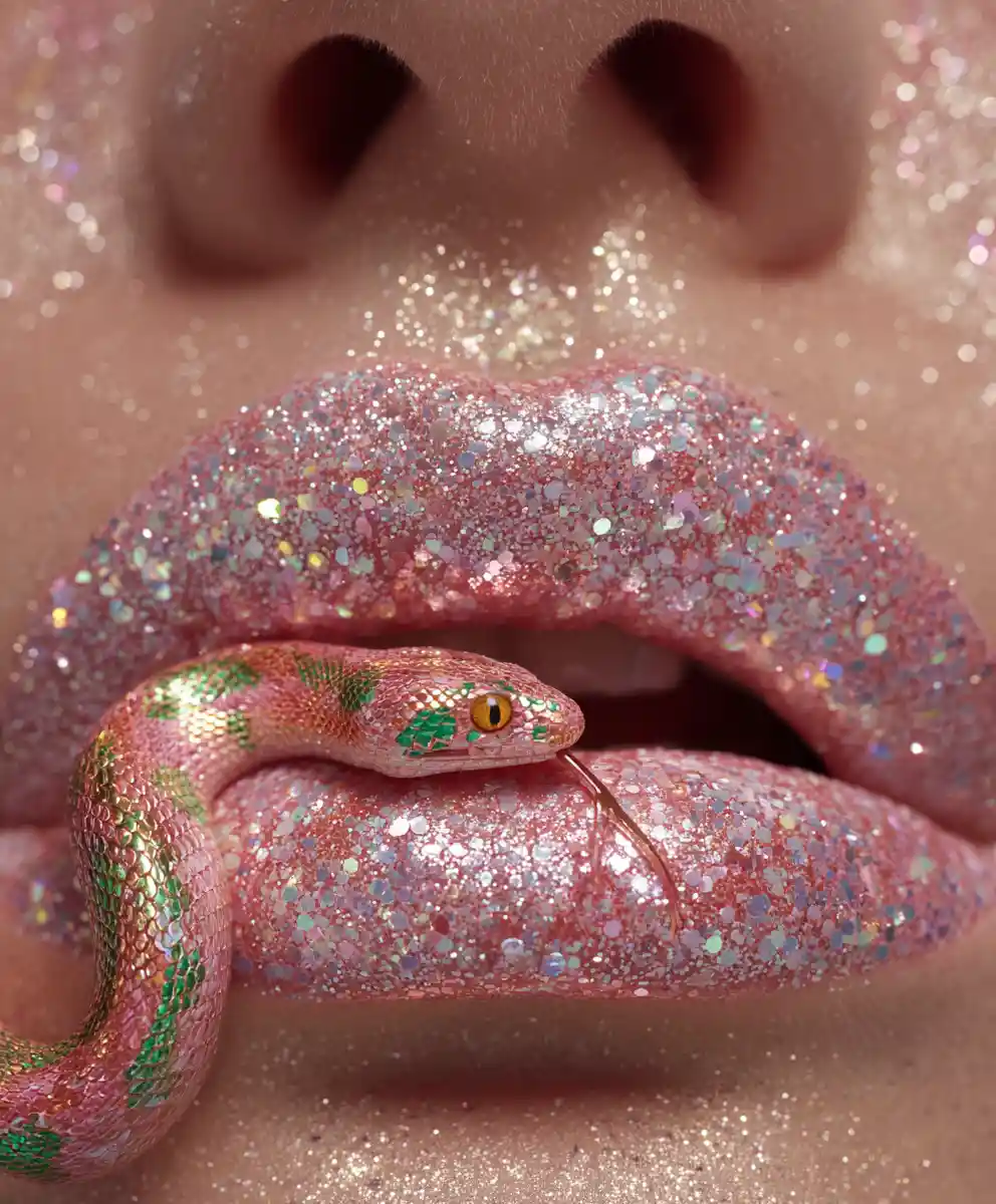Close up glitter lips with jeweled snake detail