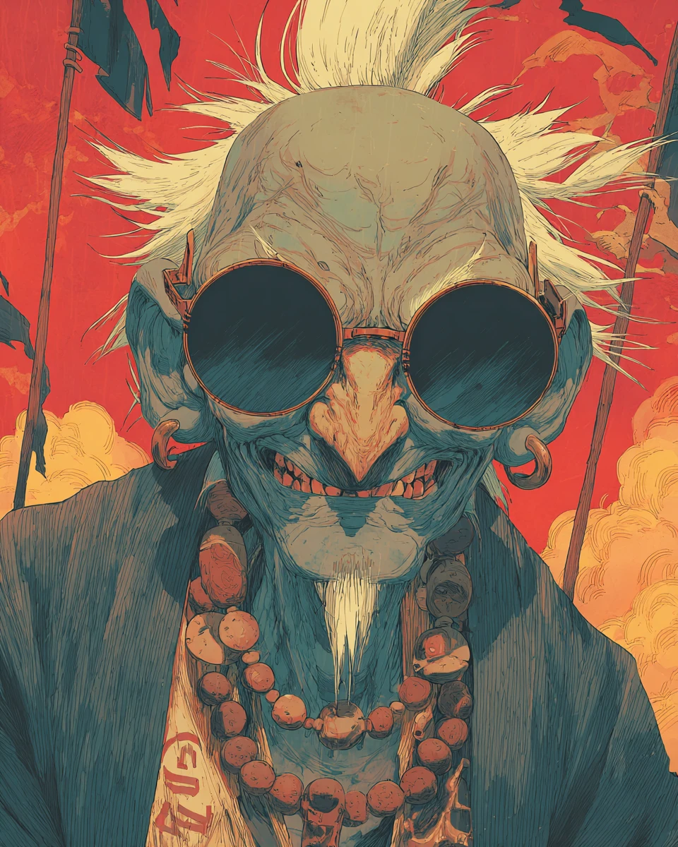 Gaunt elder in anime close up with skull beads and kanji