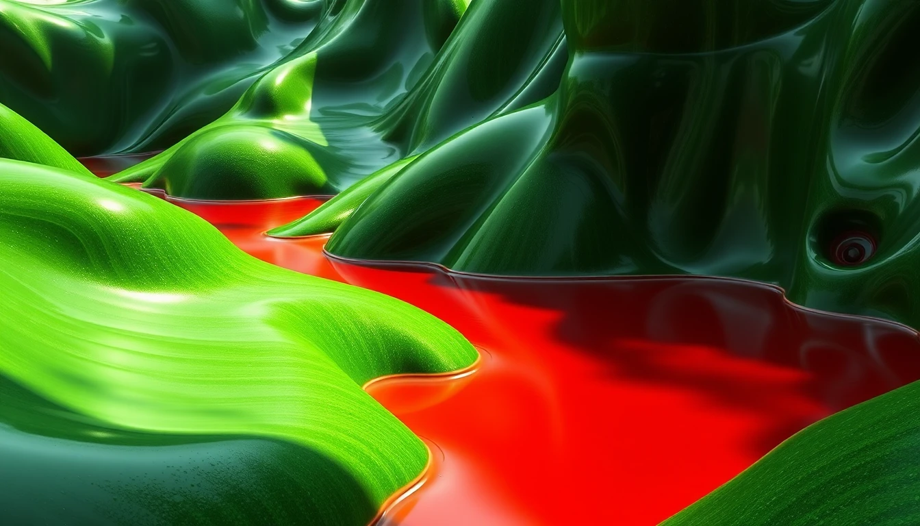 Abstract green latex landscape with surreal red liquid