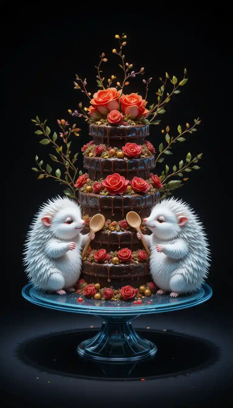 Tiny fluffy creatures hugging a tiered chocolate cake