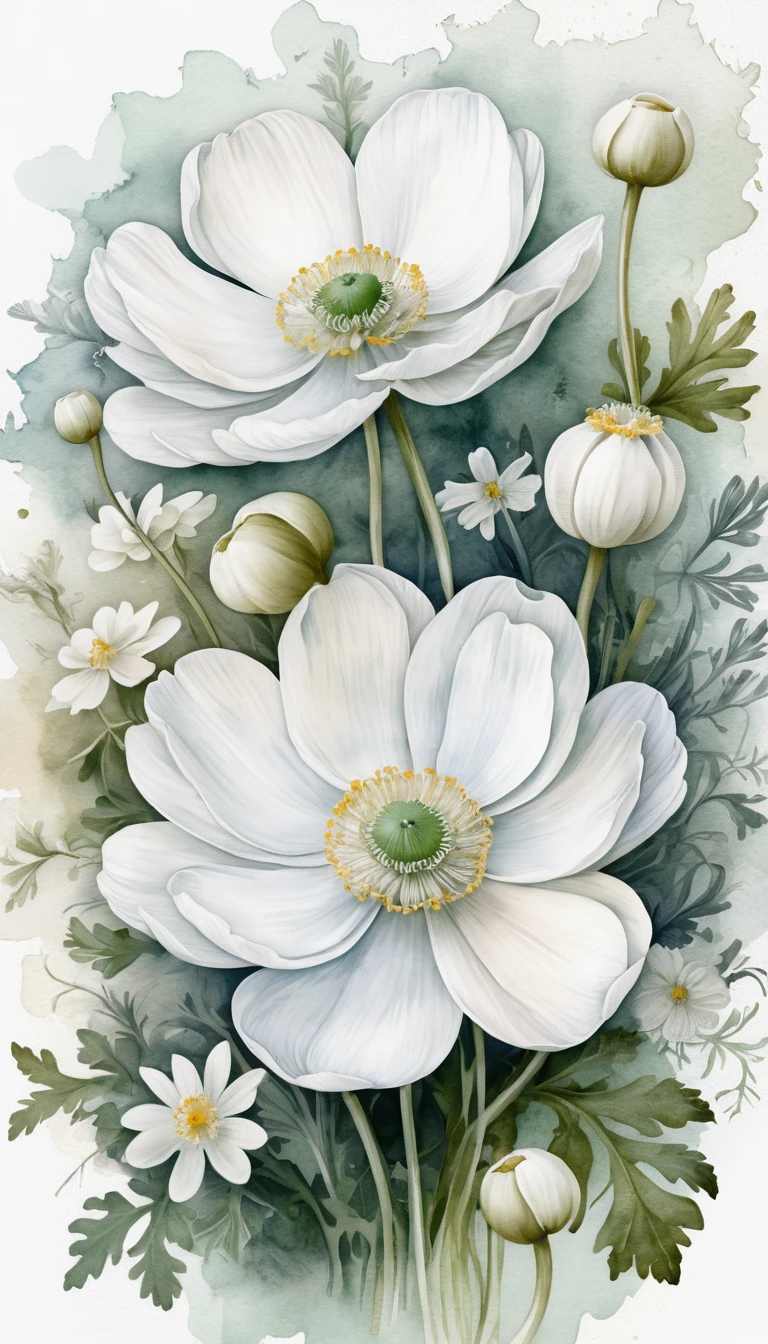 Graphic floral flyer with white anemone vector illustration