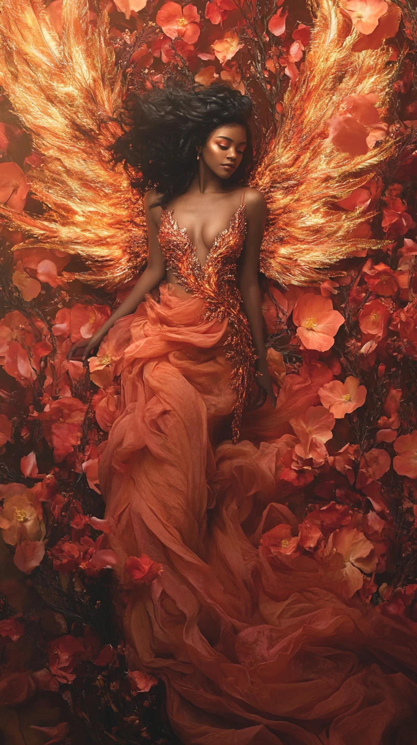 Fantasy fairy woman with fiery flowers and ember wings