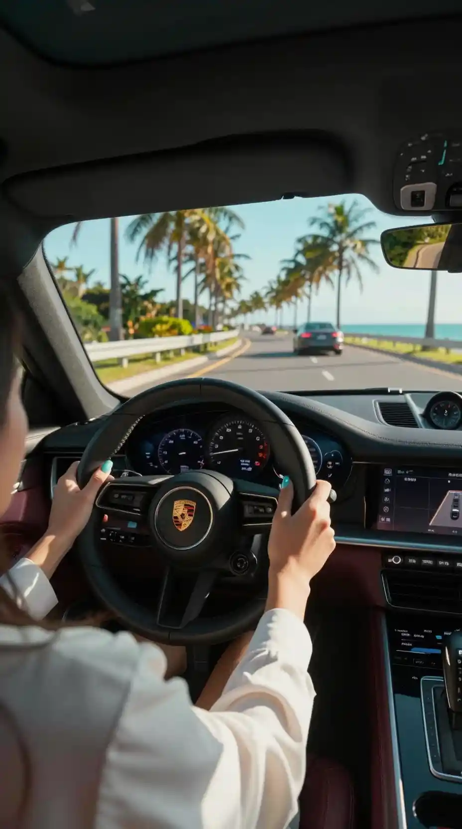 Woman driving along a sunlit coastal highway