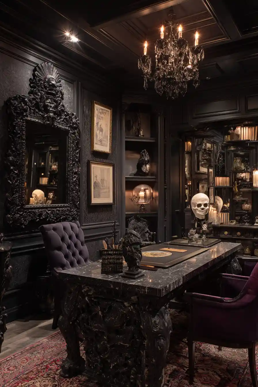 Dark whimsical voodoo palace interior with elegant design shapes