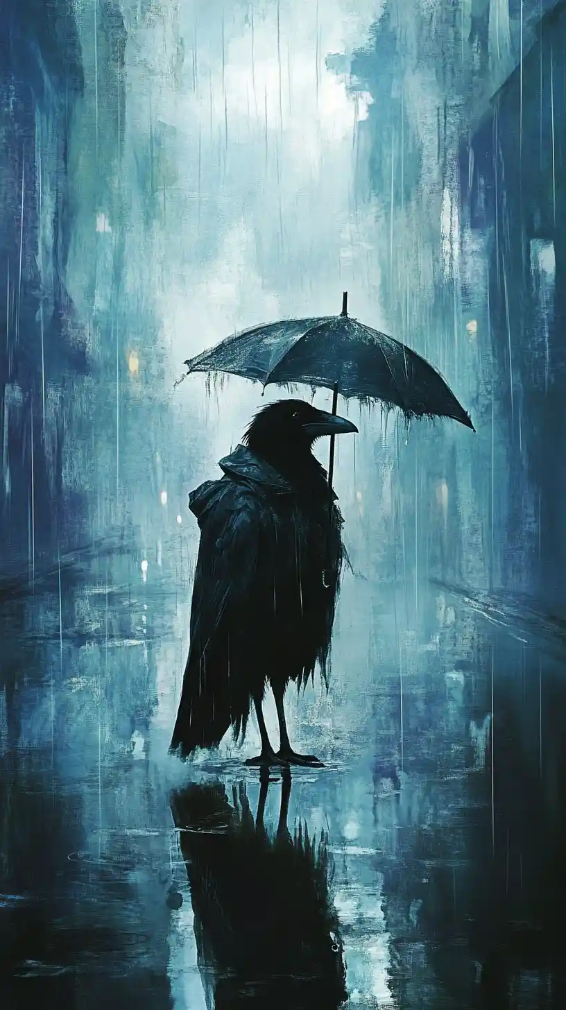 Crow in tattered raincoat on a flooded dark city street