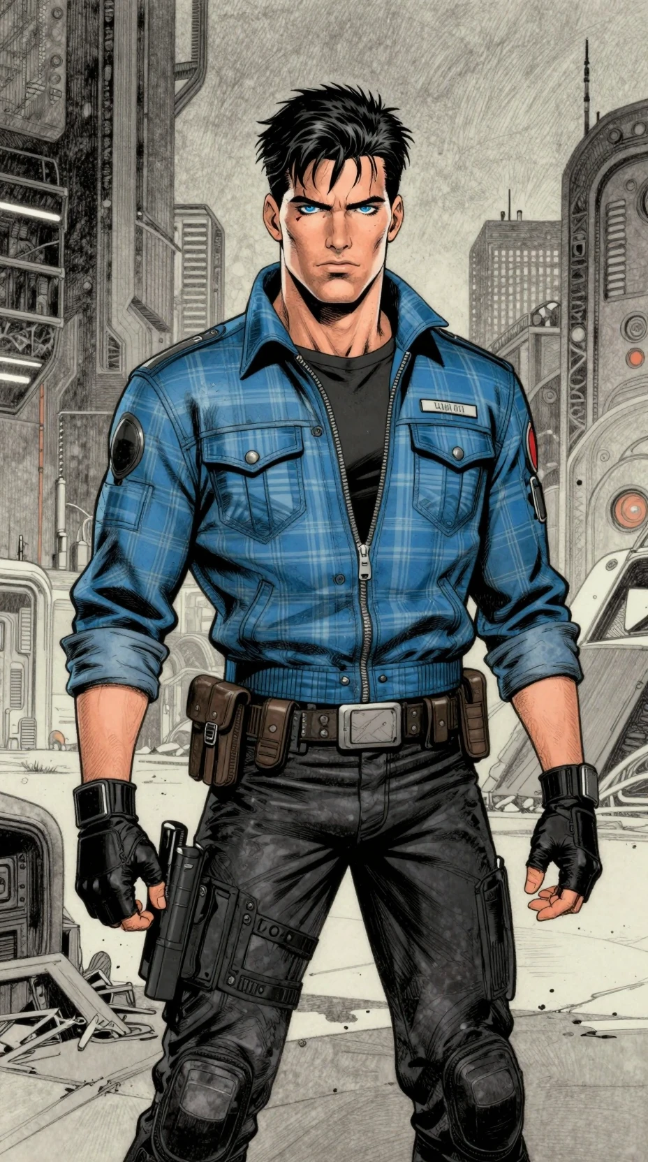 Young battle hardened pilot standing in futuristic city