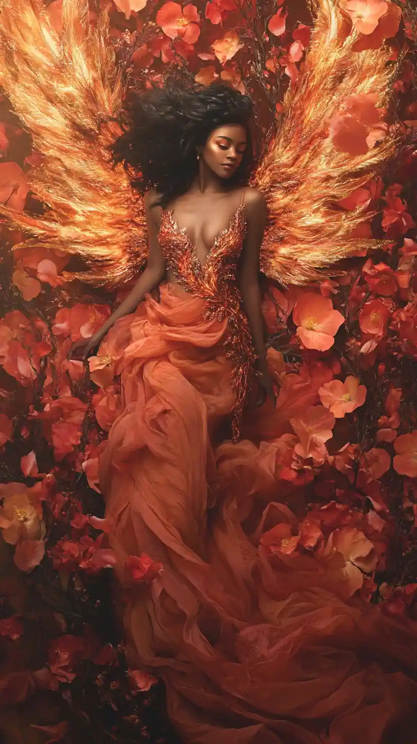 Fantasy fairy woman with fiery flowers and ember wings