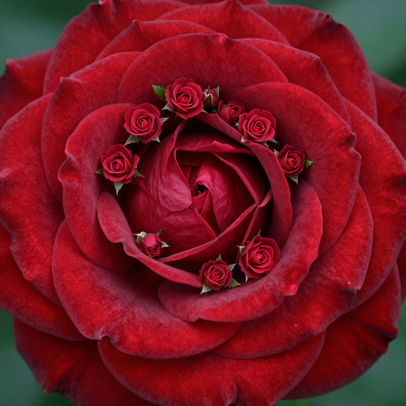 Close up macro view of a fractal red rose bloom