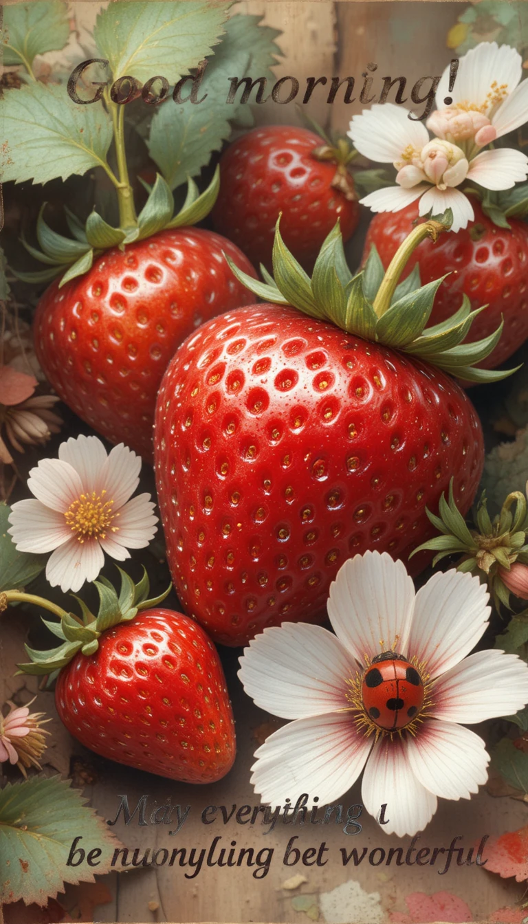 Cheerful strawberries and flowers with a good morning greeting