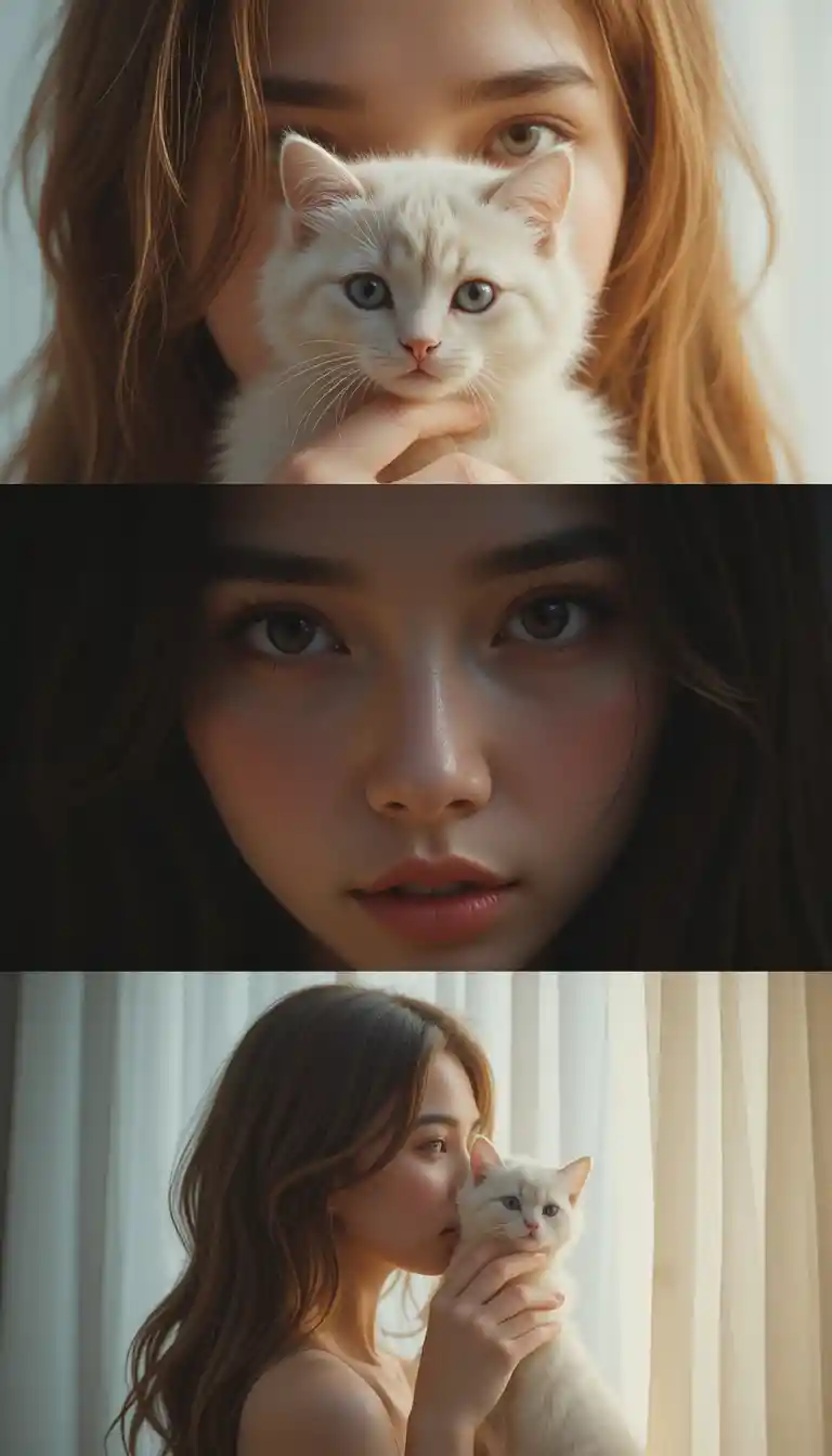 Woman holding a white kitten in intimate cinematic triptych collage