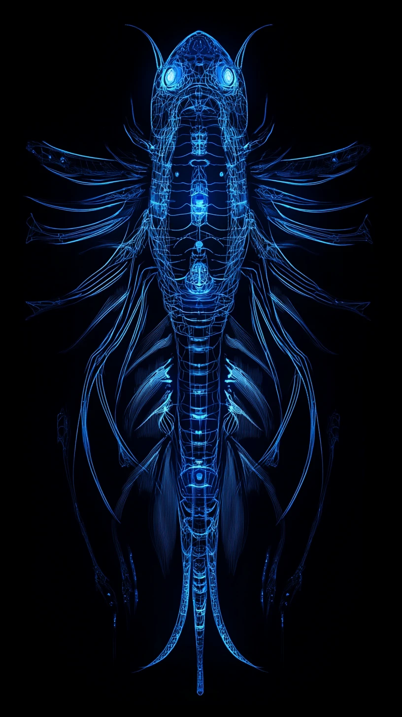 Glowing electric blue line art of a single fantasy creature