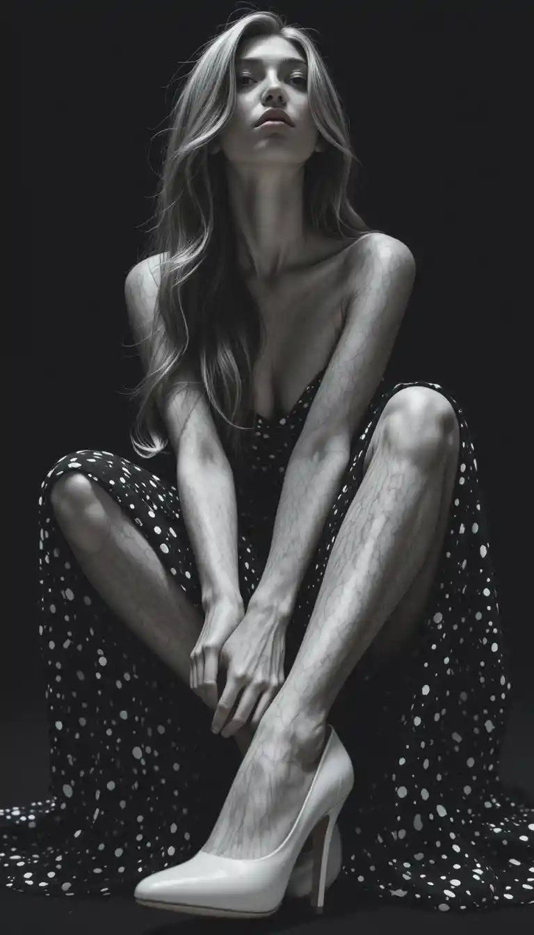 Elegant woman adjusting heel in low angle sketch portrait