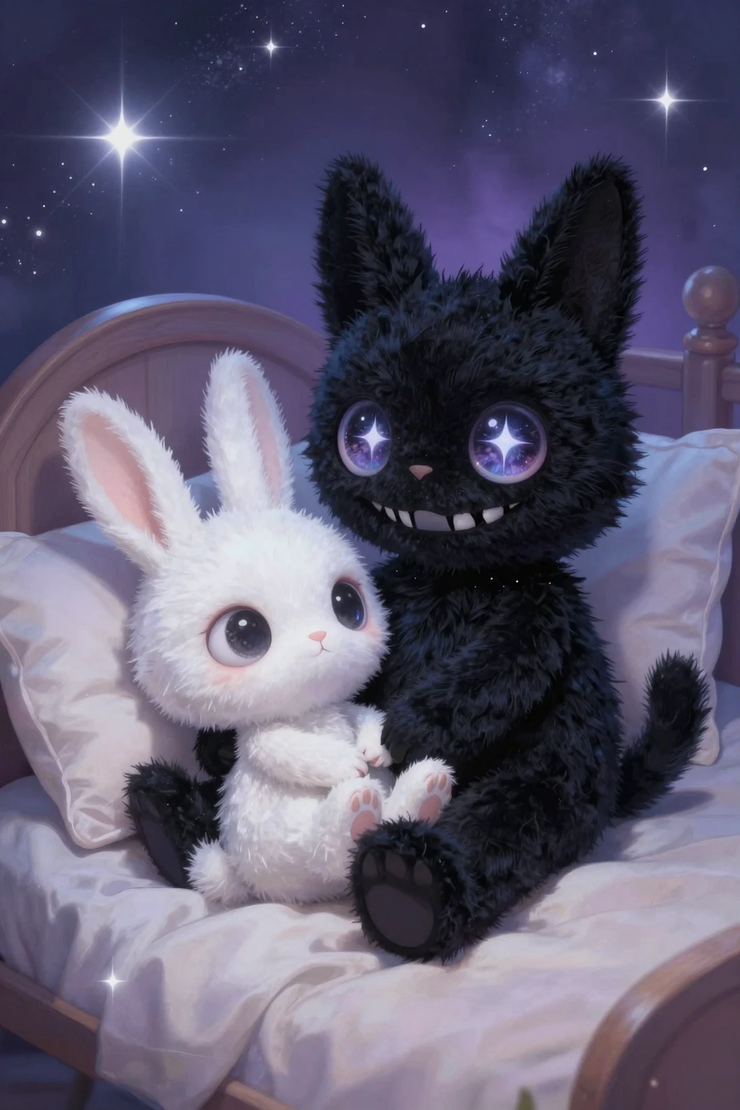 Spooky cat and innocent rabbit plush toys on child bed