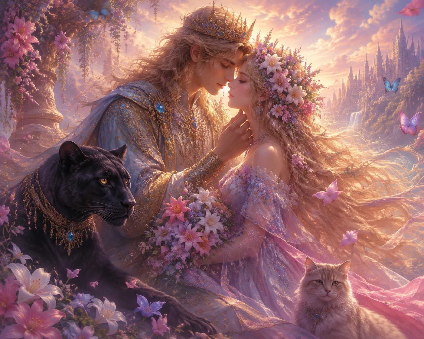 Romantic couple with floral crown and long summer dress