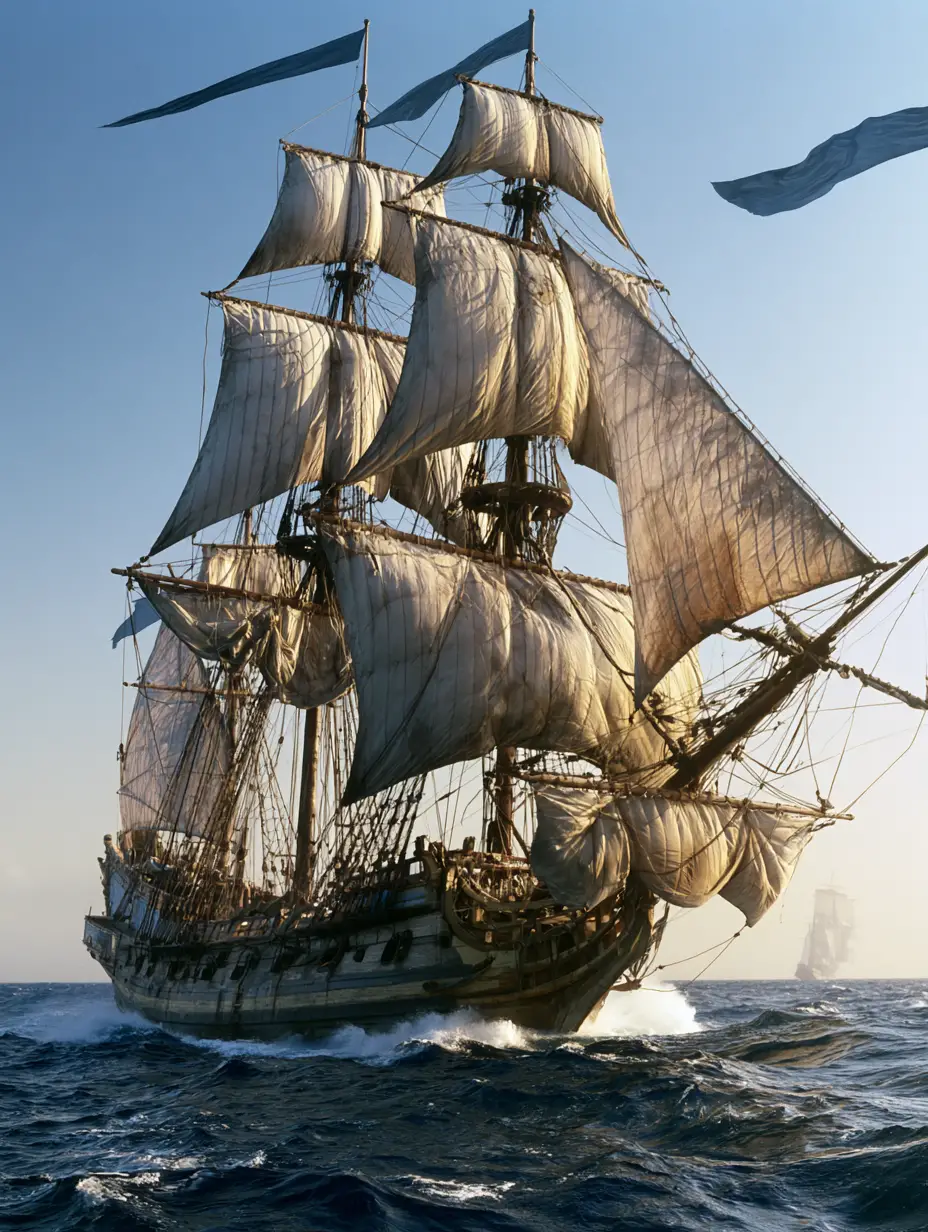 Three masted sailing ship battling the Caribbean wind