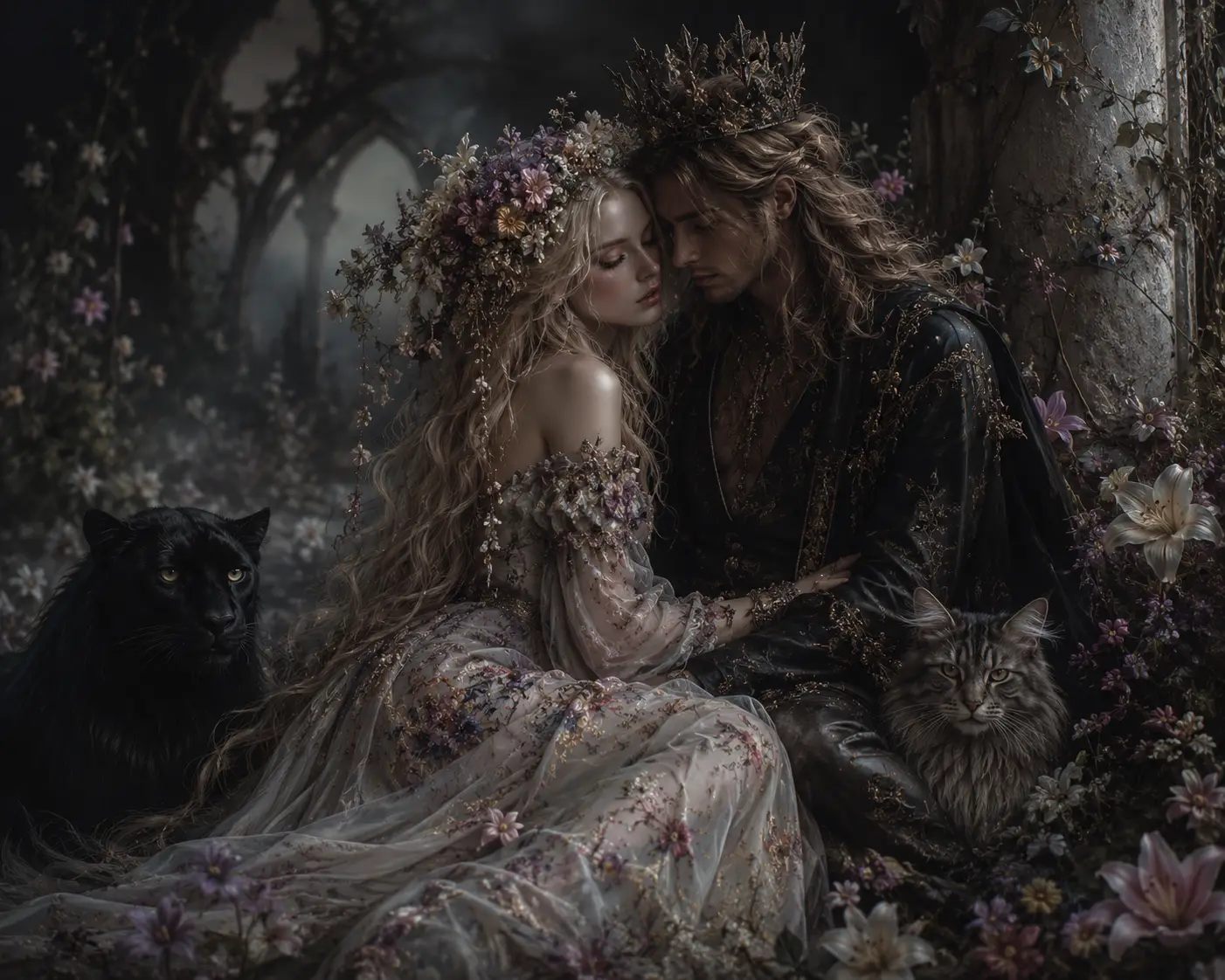 Romantic couple with floral crown in a colorful flower field