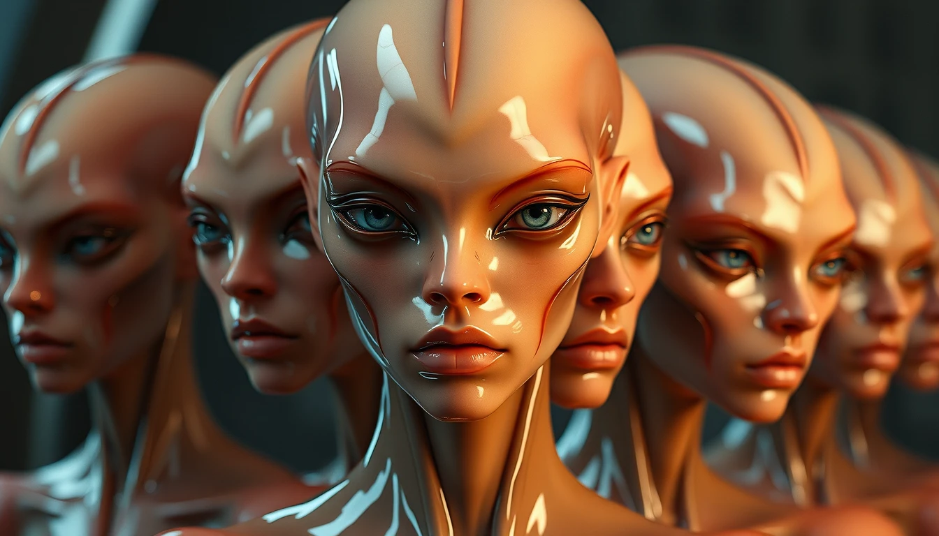 Sci fi latex humanoid character with translucent glossy skin