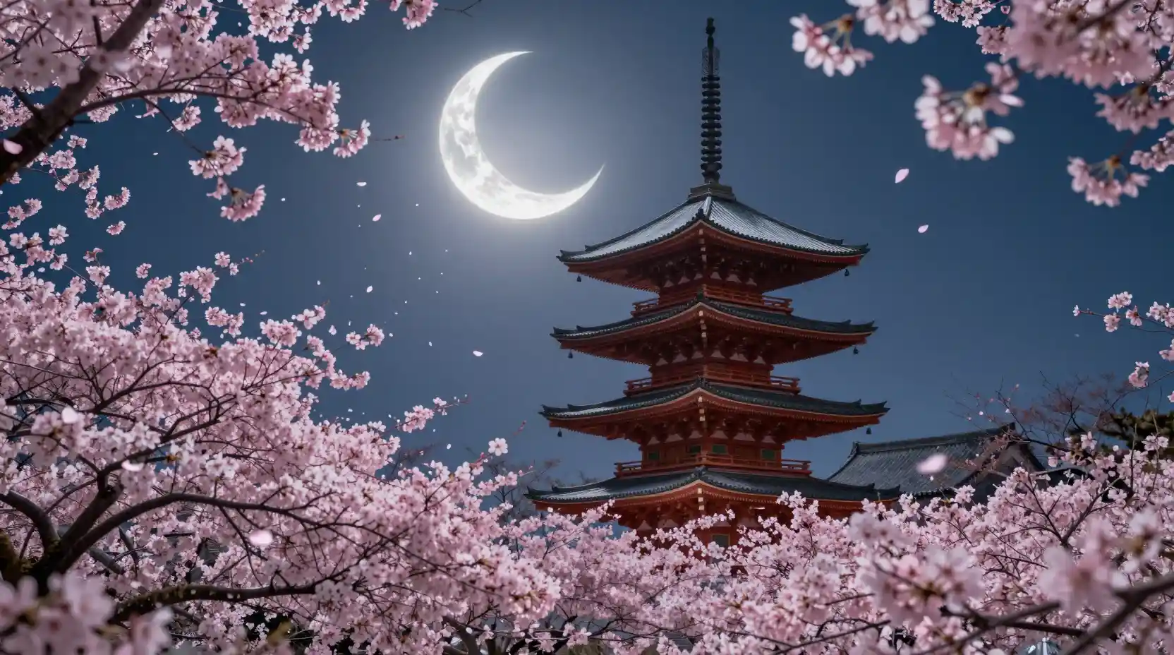 Moonlit Japanese pagoda with drifting cherry blossom petals