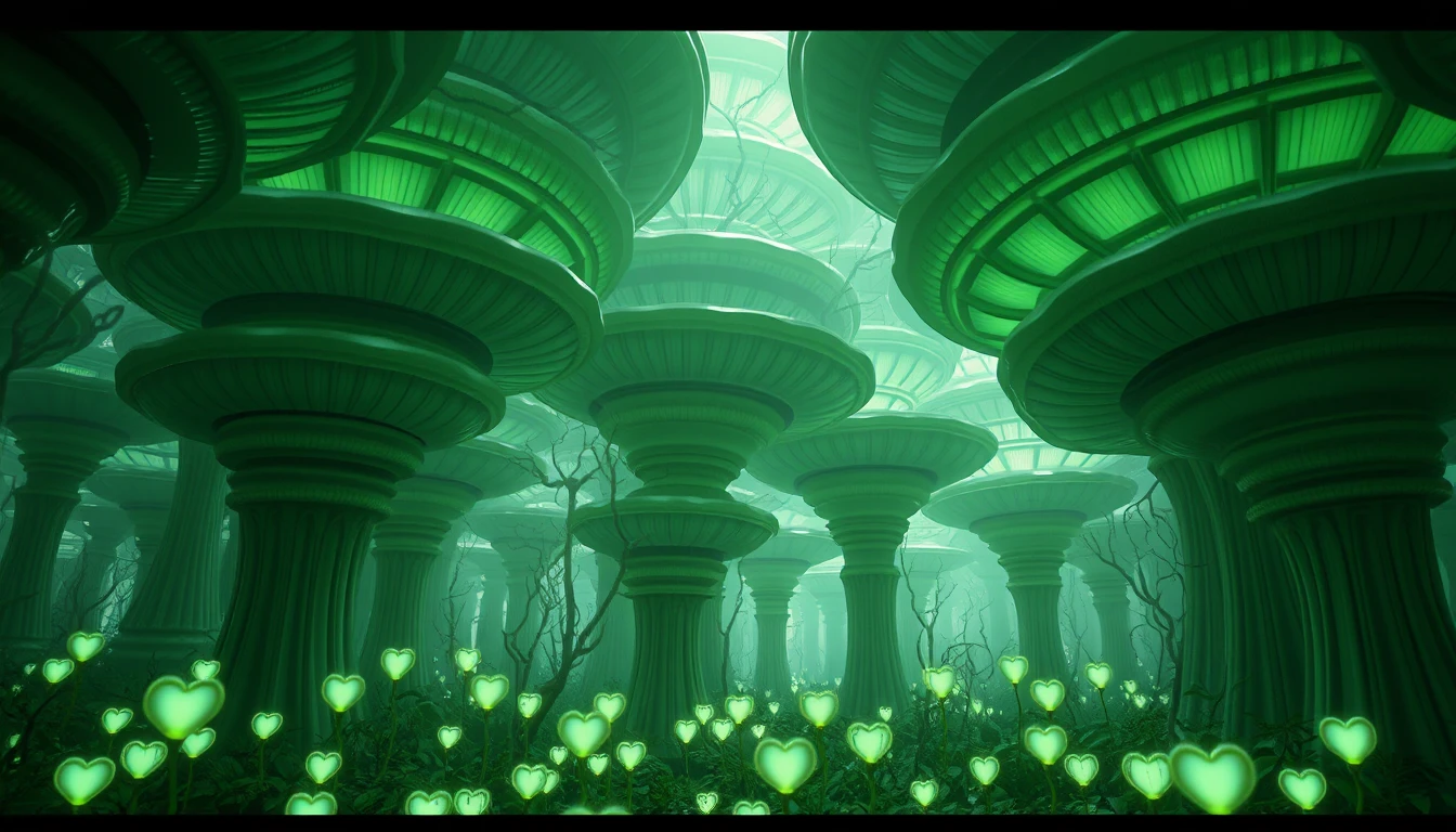 Alien latex forest with layered bioluminescent heart trees