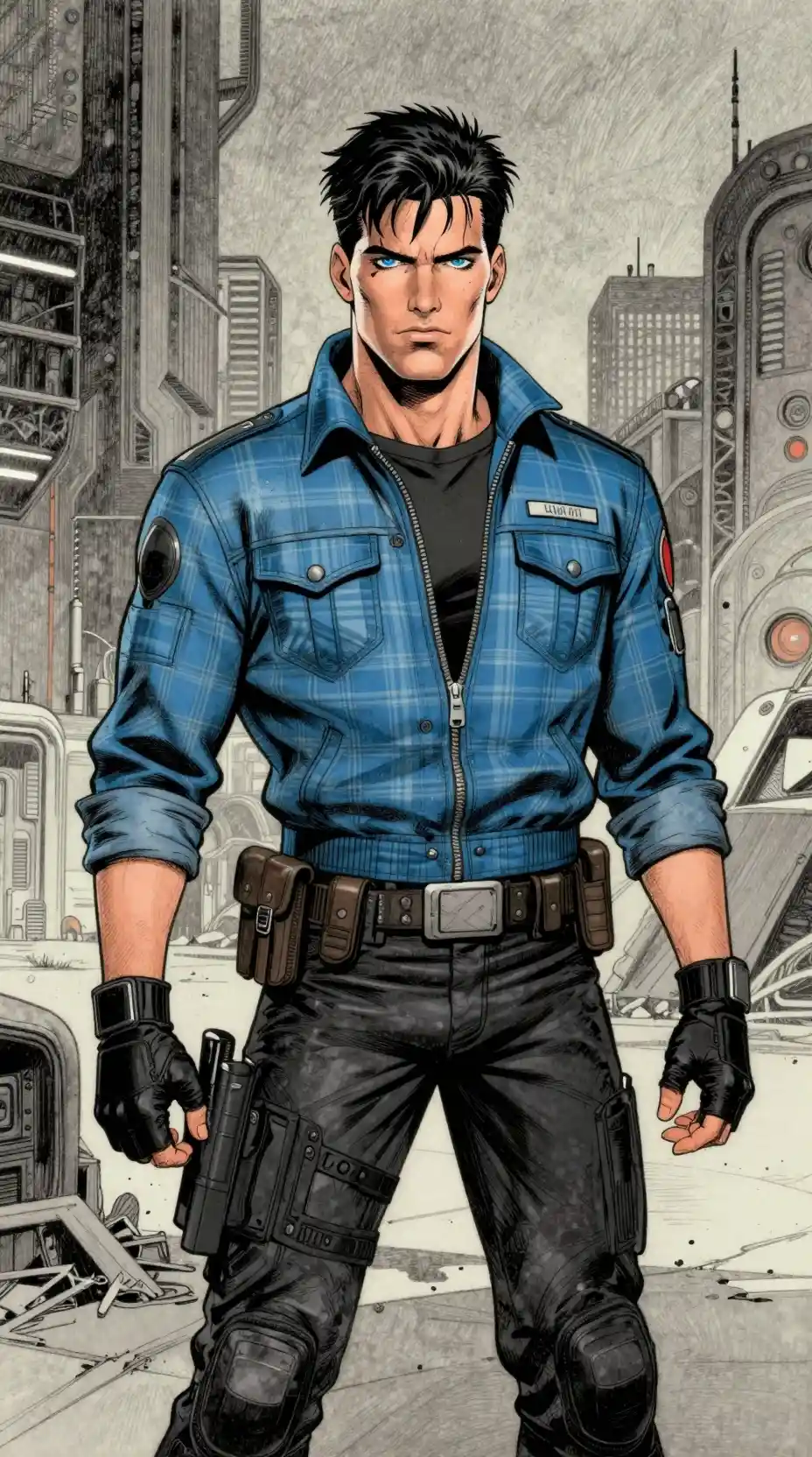 Young battle hardened pilot standing in futuristic city