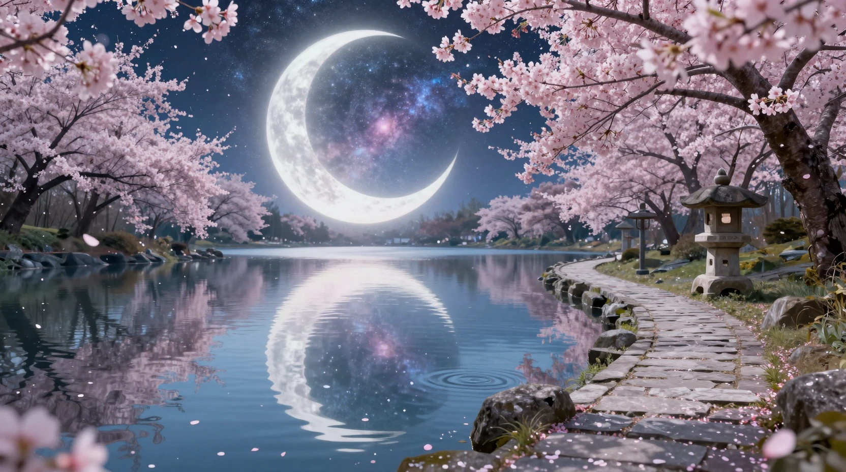 Moonlit Sakura Garden With Lanterns And Mirrorlike Lake