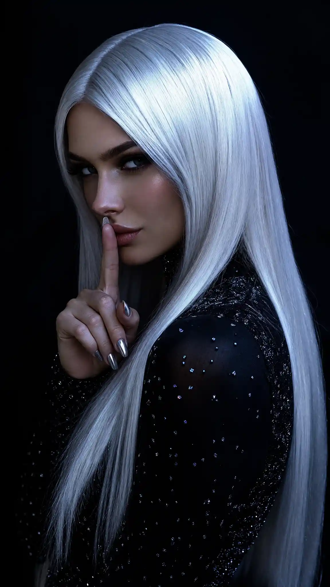 Woman gesturing shhh with finger and playful side eye
