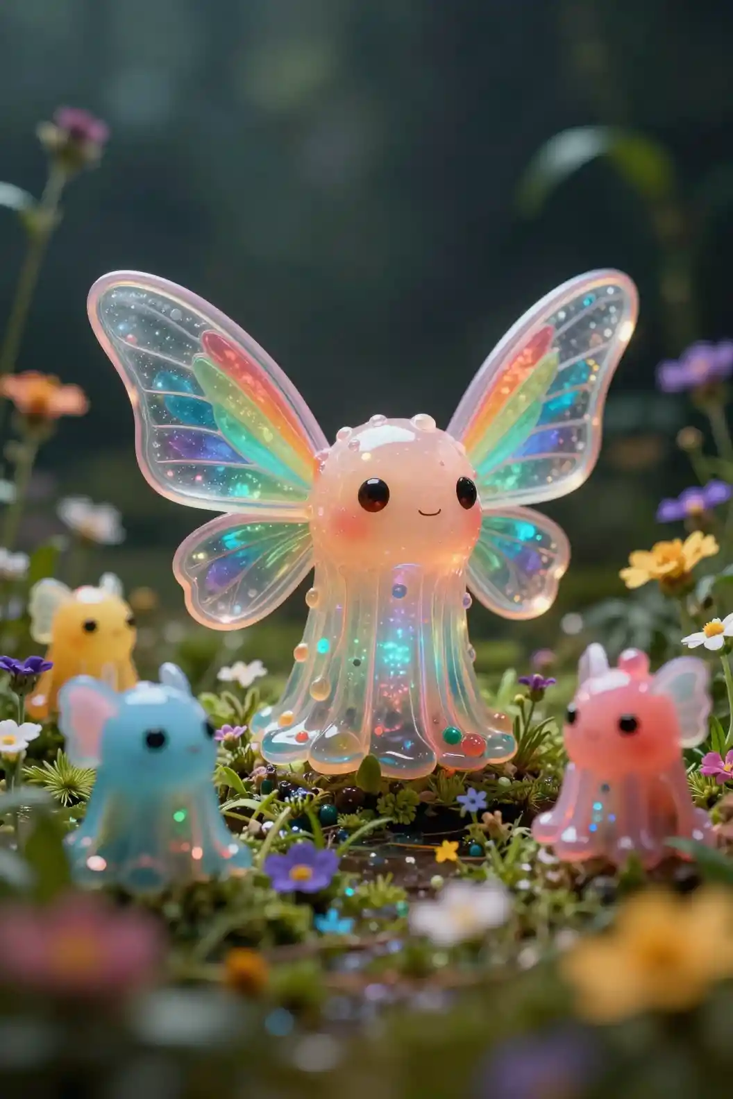 Miniature jelly world with glowing fantasy winged creatures