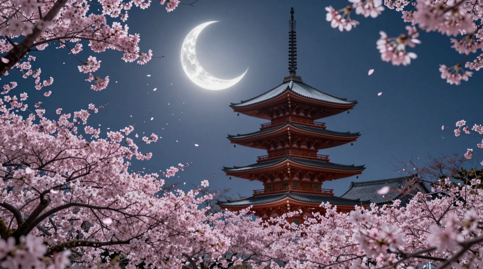 Moonlit Japanese pagoda with drifting cherry blossom petals